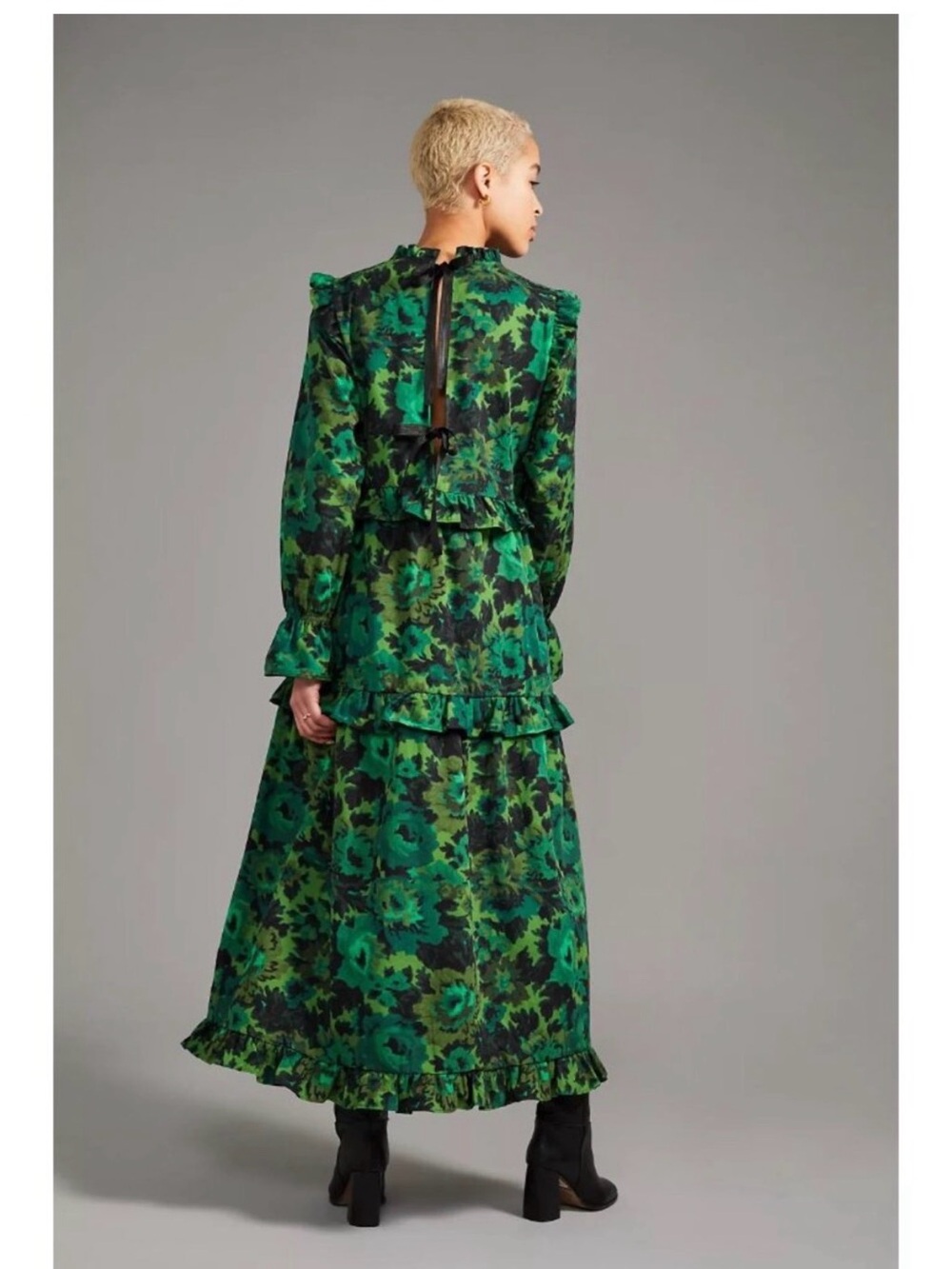 Long Sleeve Green Floral Ruffled Maxi Designer Dress